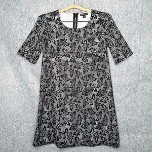 Nina Leonard Black White 3/4 Sleeve Printed Trapeze Dress- Sz‎ S